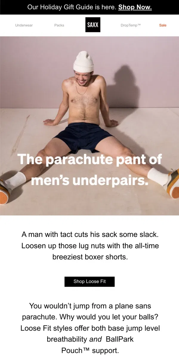 Email from SAXX Underwear. Let your balls take a breather with Loose Fit styles