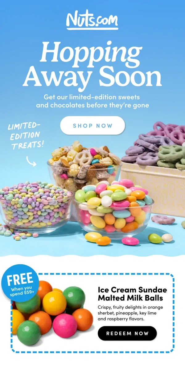 Email from Nuts.com. Hop Into Everything Easter 🐣