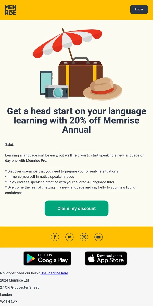 Email from Memrise. 48 hrs left to get 20% off annual Memrise Pro