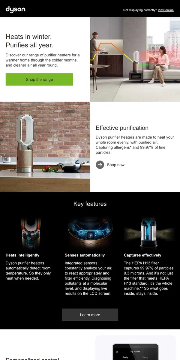Email from Dyson. Heats in winter. Purifies all year.