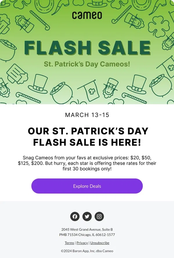 Email from Cameo. 🍀 Flash Sale: St. Patrick’s Day Cameos! 🍀