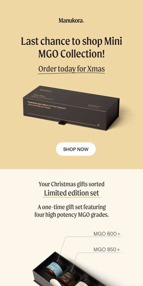 Email from Manukora. Last call for Mini gift set