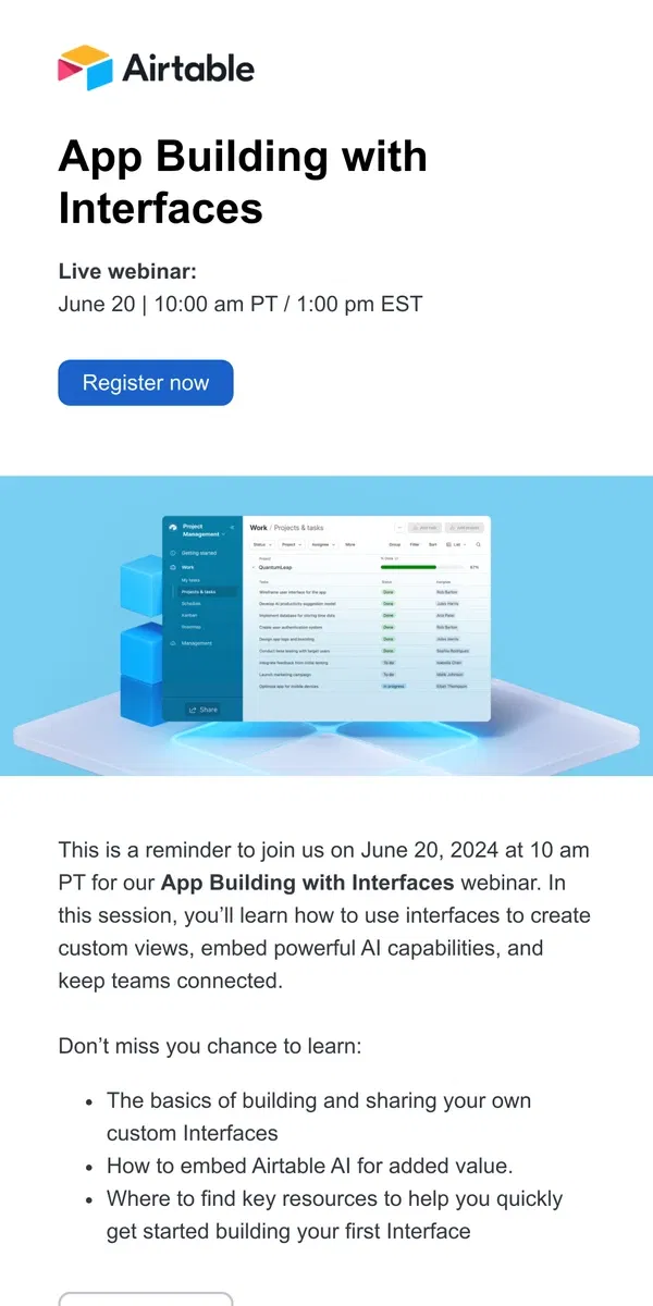 Email from Airtable. [Last chance] Register for App Building with Interfaces webinar