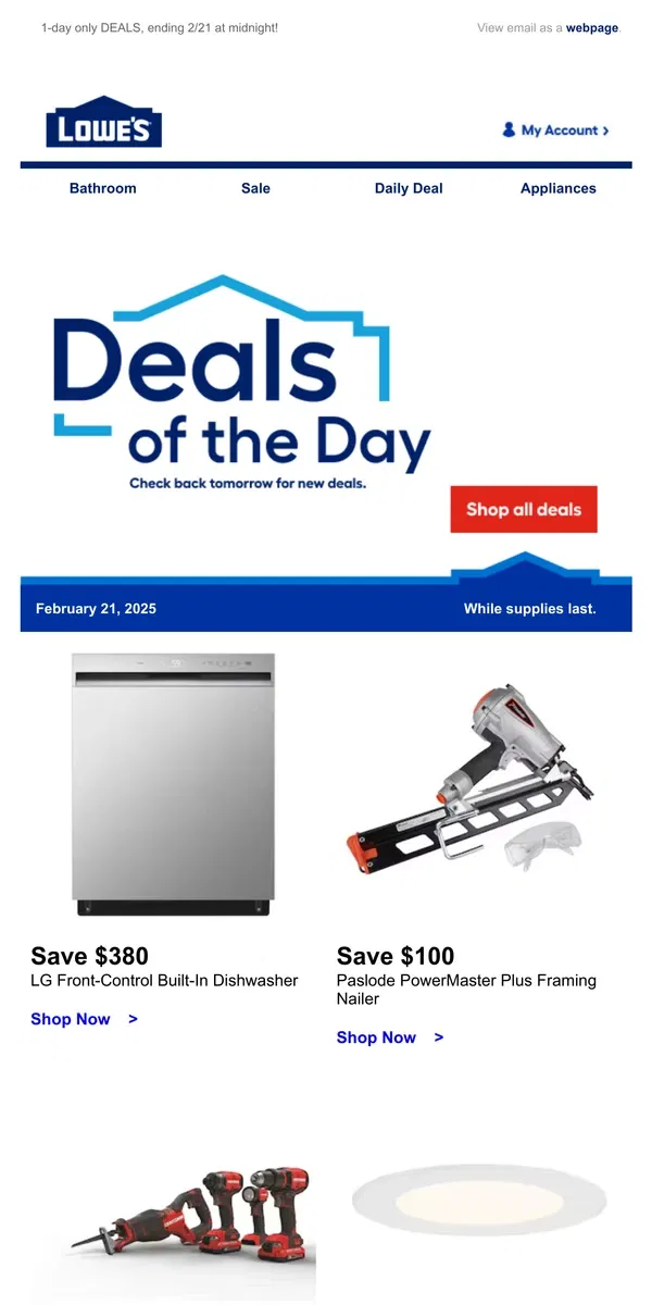 Email from Lowe's. LIMITED TIME deals, just for today.