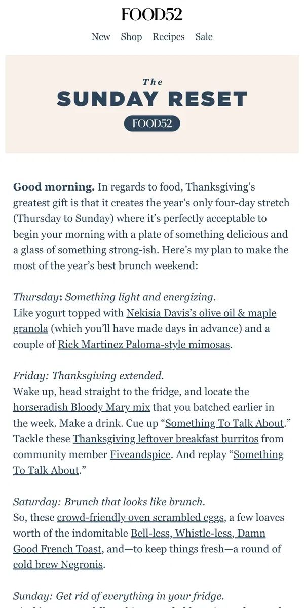 Email from Food52. All the brunch recipes for Thanksgiving Weekend.