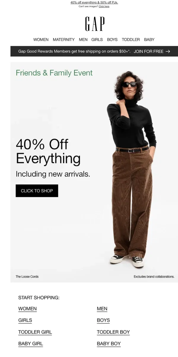 Email from GAP. 40% OFF EVERYTHING is inside