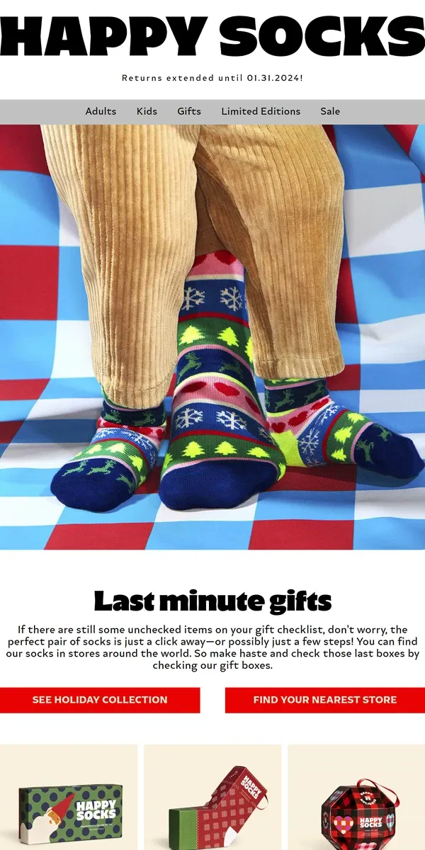 Email from Happy Socks. Never too Late for Holiday Gifts