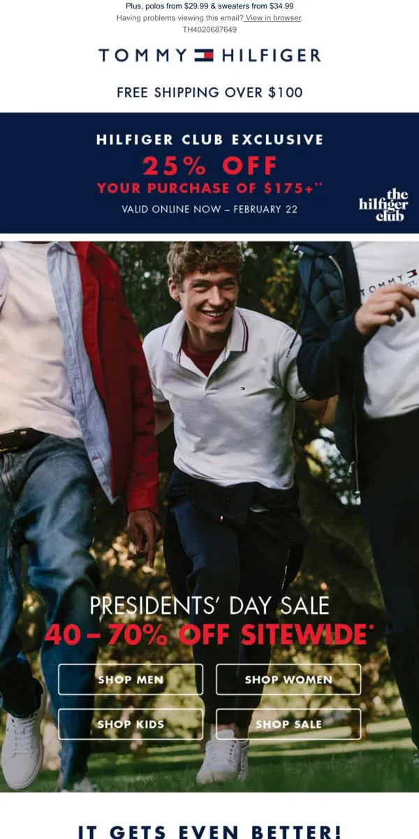 Email from Tommy Hilfiger. The Presidents' Day Sale | 40-70% off SITEWIDE