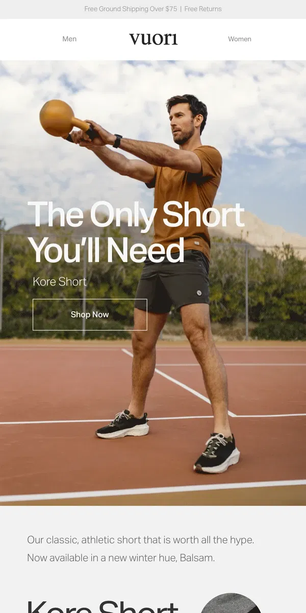 Email from Vuori. New in Balsam: The Kore Short