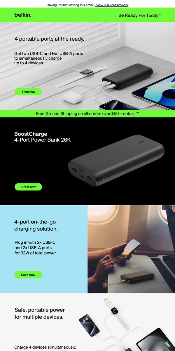 Email from Belkin. Get our new 32W, on-the-go charger for 4 devices ✈️