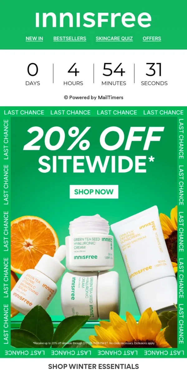 Email from innisfree. FINALL CALL! 20% OFF Sitewide