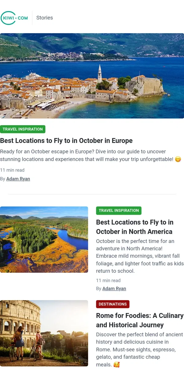 Email from Kiwi.com. Top European destinations to visit this October 🍁