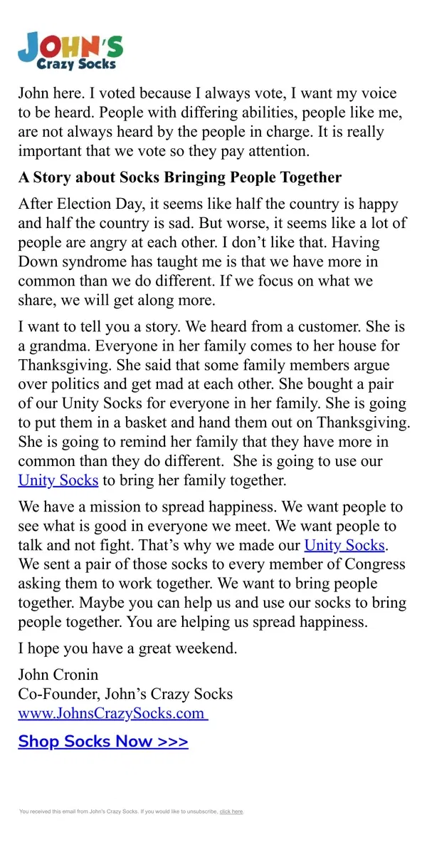 Email from John's Crazy Socks. Socks Can Unite Us All