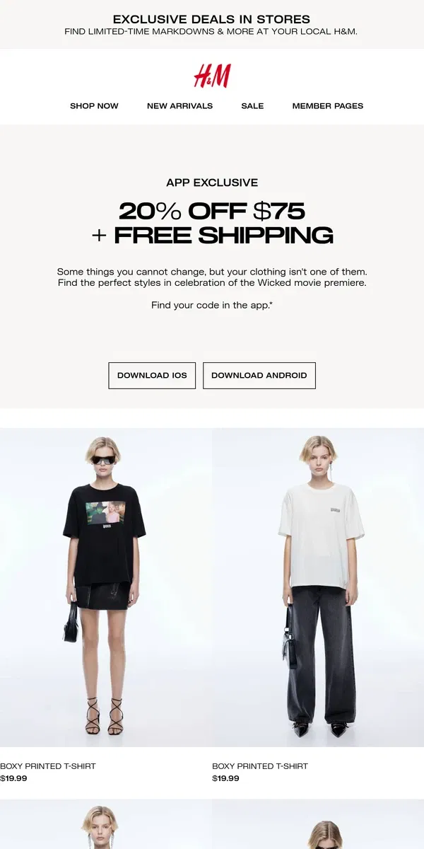 Email from H&M. App exclusive: 20% off + free shipping