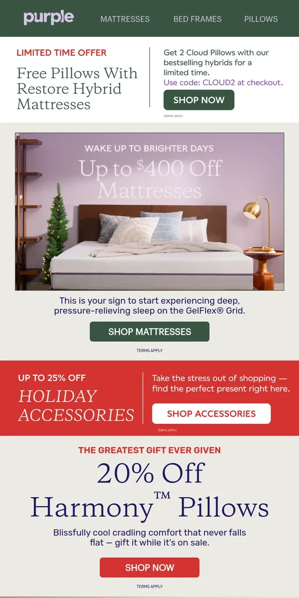 Email from Purple. Get 2 free pillows! Hurry, deal ends soon.