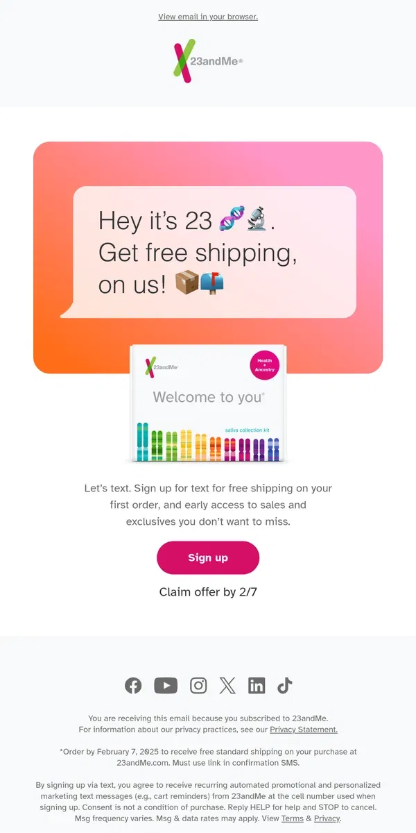 Email from 23andMe. Text us for FREE shipping 💬