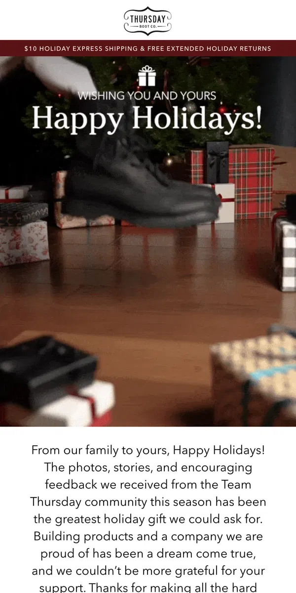 Email from Thursday Boot Company. Happy Holidays From Team Thursday!