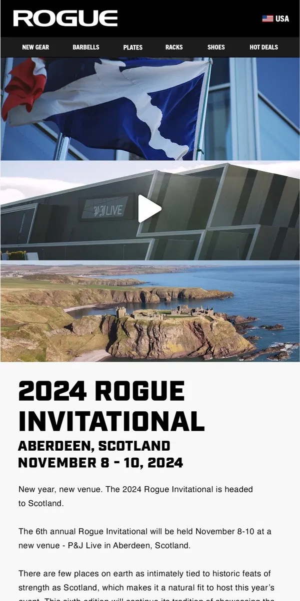 Email from Rogue Fitness. The 2024 Rogue Invitational is headed to Scotland