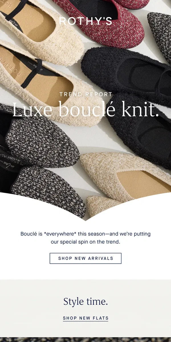 Email from Rothy's. Don’t miss NEW bouclé styles! 