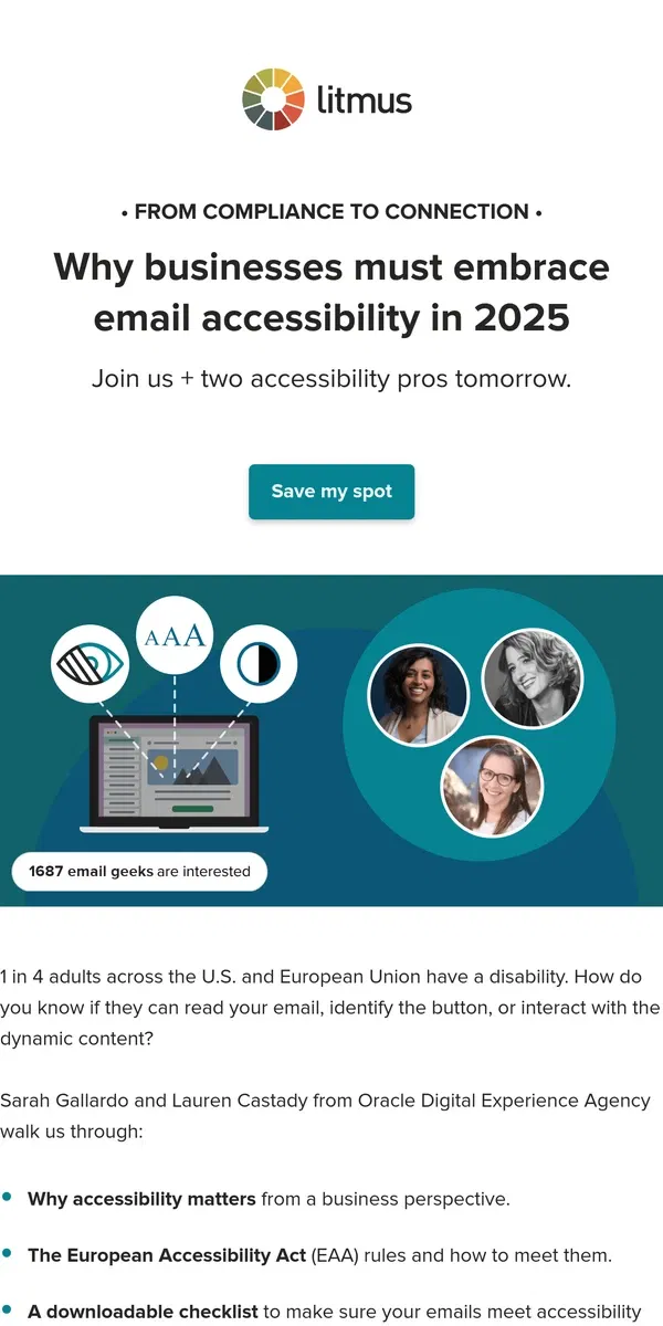 Email from Litmus. Why do businesses need to embrace email accessibility in 2025?