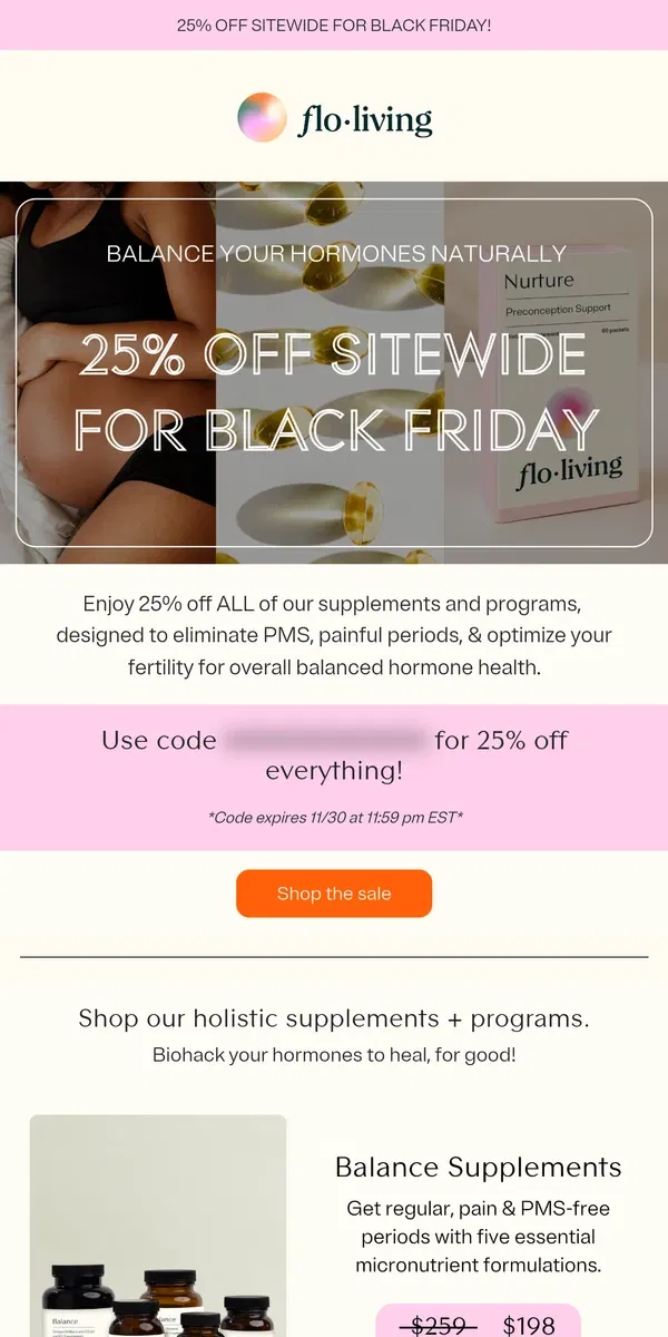 Email from FLO Living. 25% off SITEWIDE for Black Friday!