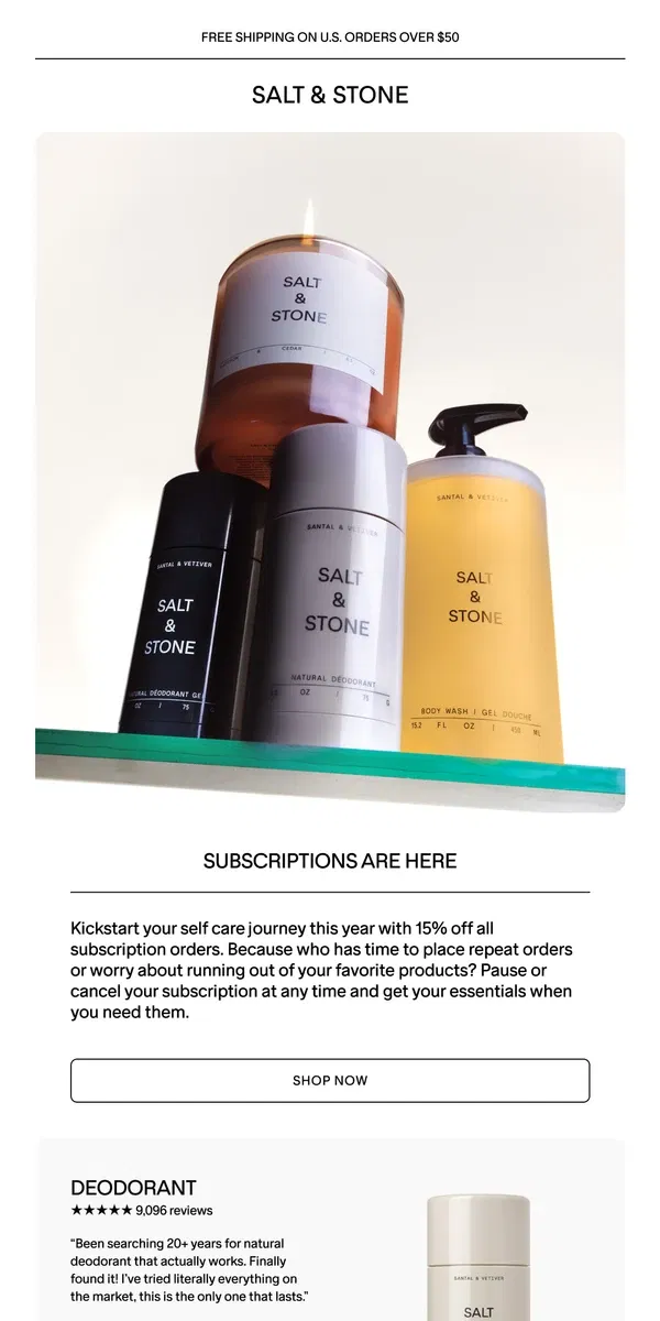 Email from SALT & STONE. 15% Off Subscriptions