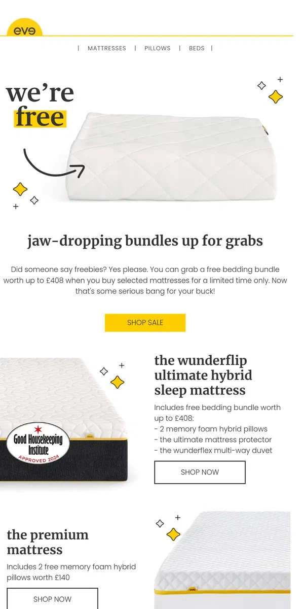 Email from Eve Sleep. free jaw-dropping bedding bundles inside 😮