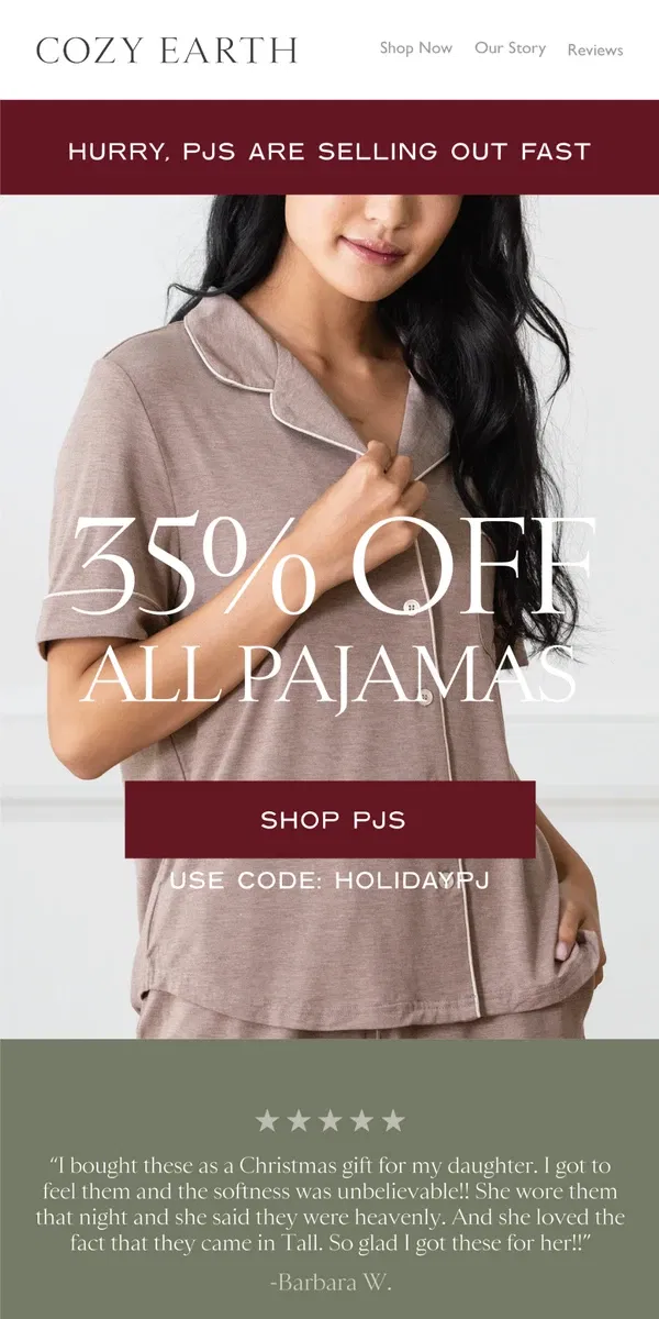 Email from Cozy Earth. 35% Off ALL Pajamas ‼️