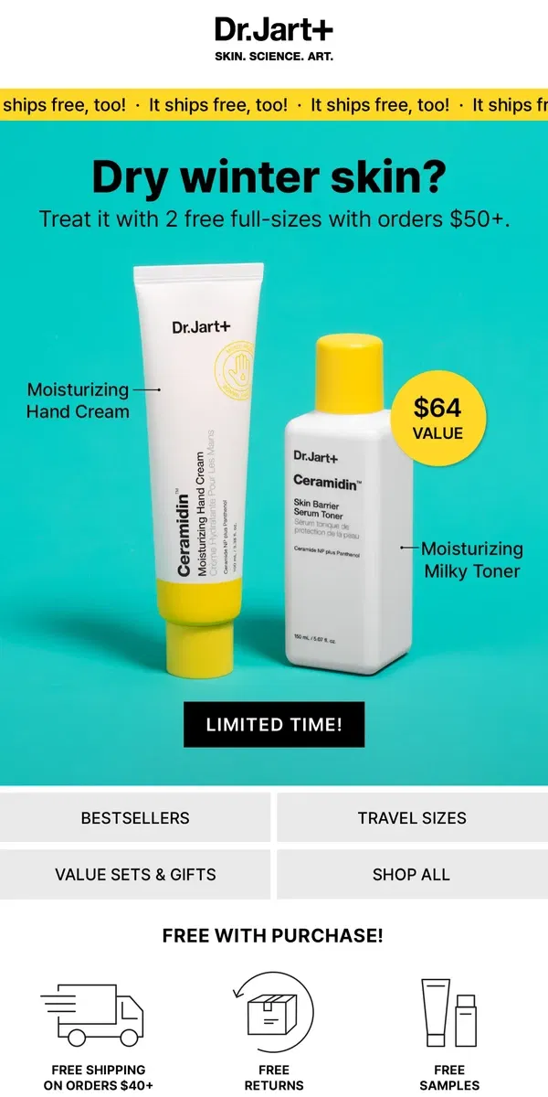 Email from Dr. Jart+. LAST DAY: FREE Full-Size Toner + Hand Cream