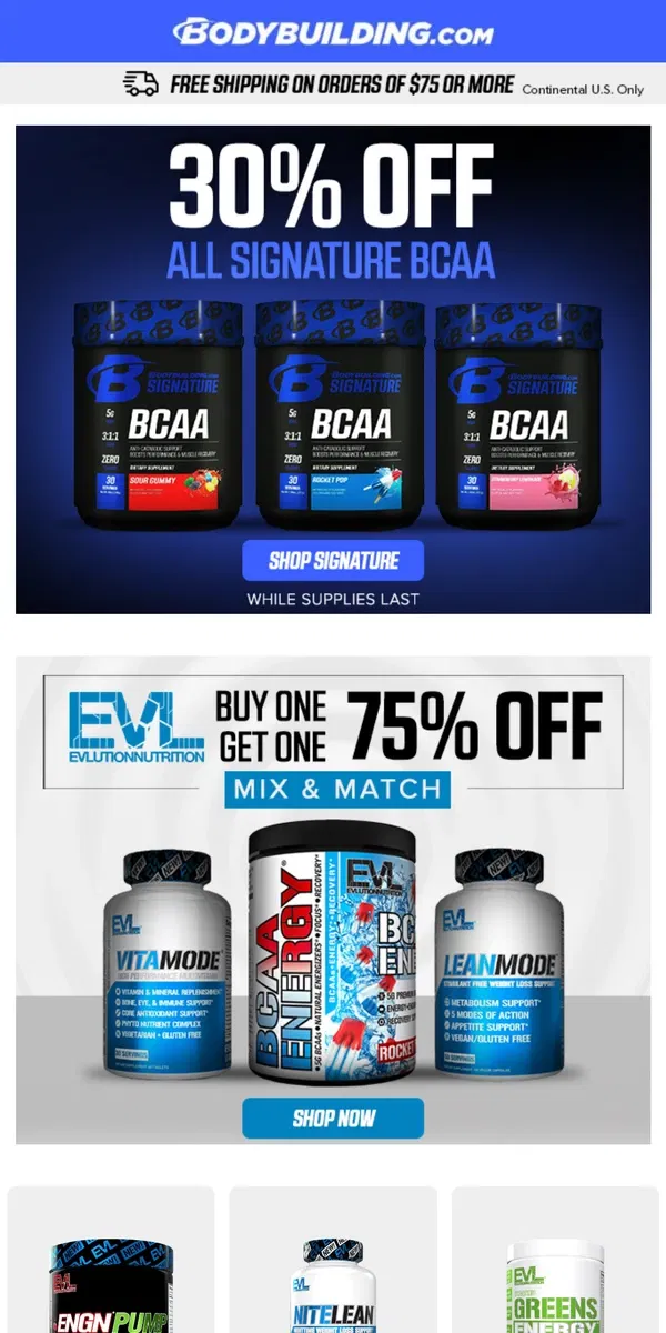 Email from Bodybuilding.com. Enhance Your Performance – 30% Off Signature BCAA!