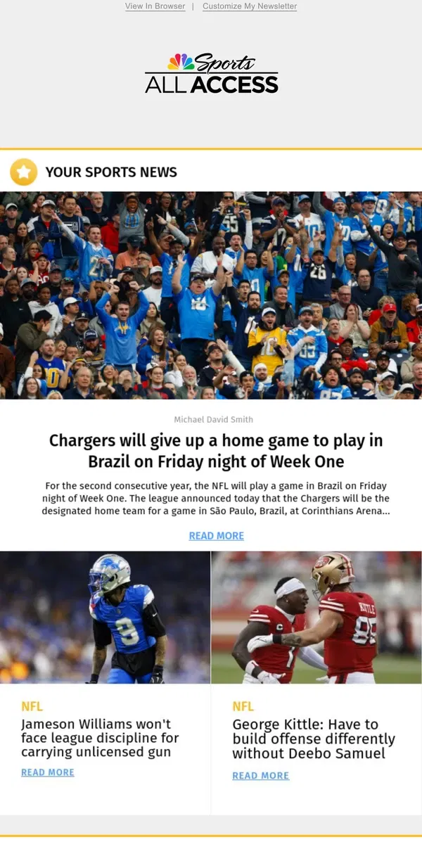 Email from NBC Sports. Chargers will give up a home game to play in Brazil on Friday night of Week One