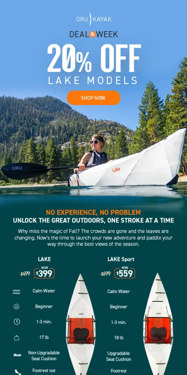 Email from Oru Kayak. New Week, New Deal: 20% Off Lake Models 📣