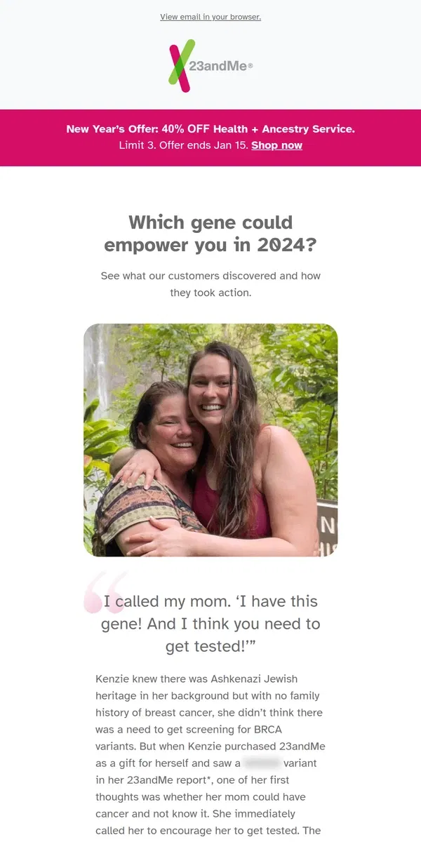 Email from 23andMe. New Year’s Offer: 40% off Health + Ancestry Service