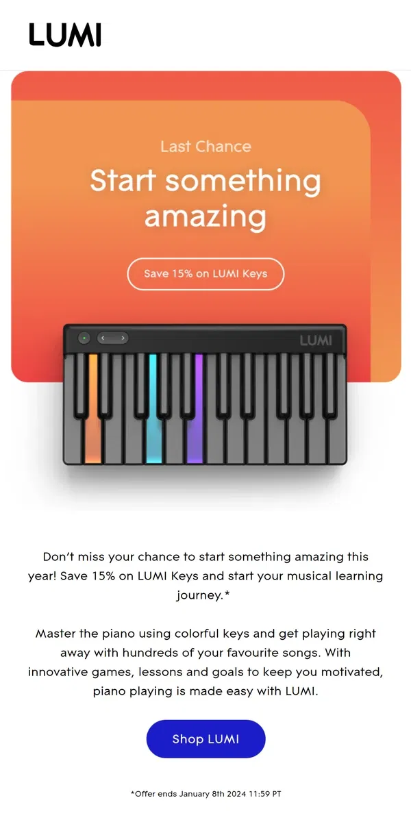 Email from LUMI. LAST CHANCE TO SAVE 15% on LUMI Keys 🎹 🌈