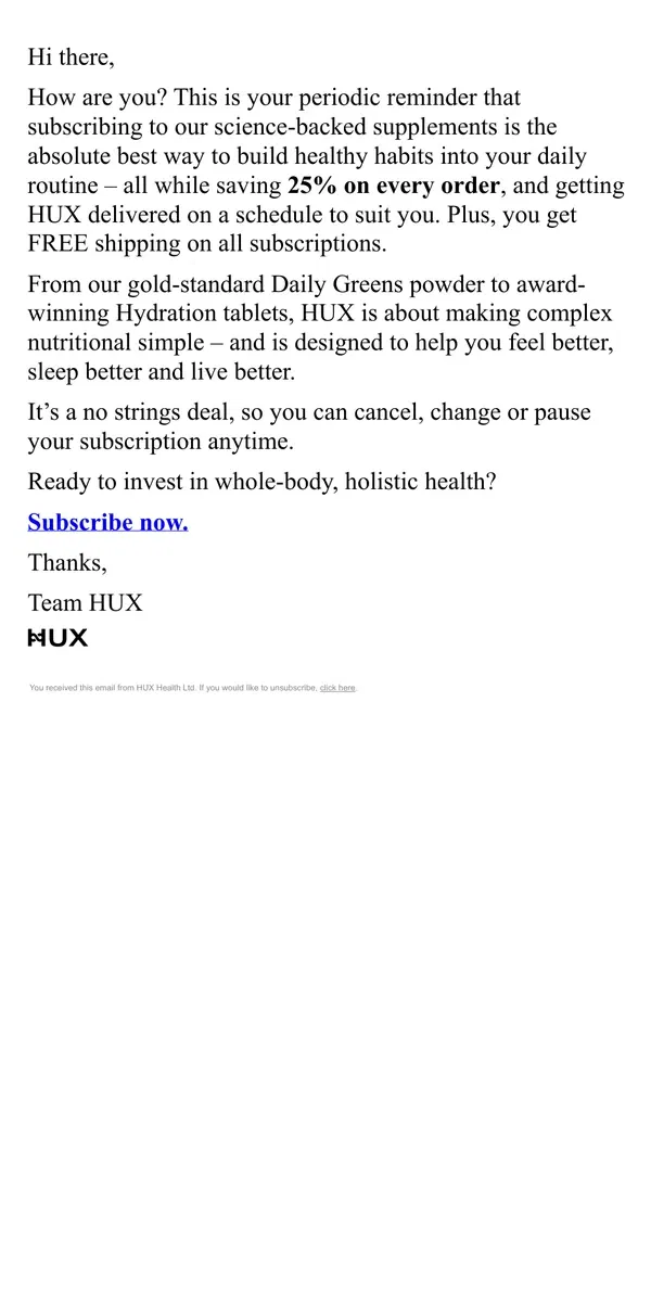 Email from HUX. Subscribe to whole body health 🧡