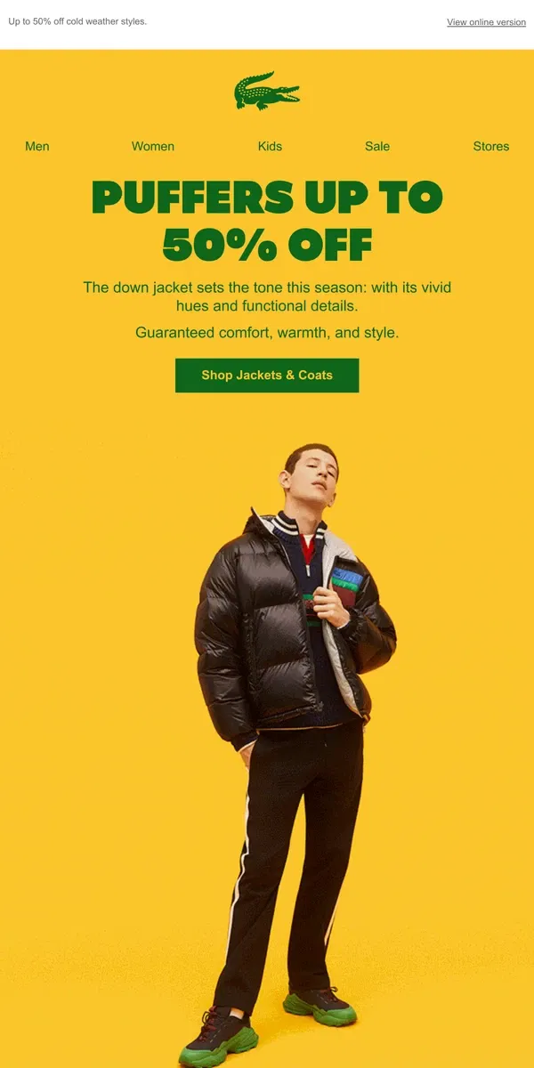 Email from Lacoste. Winter Puffer Jackets on Sale