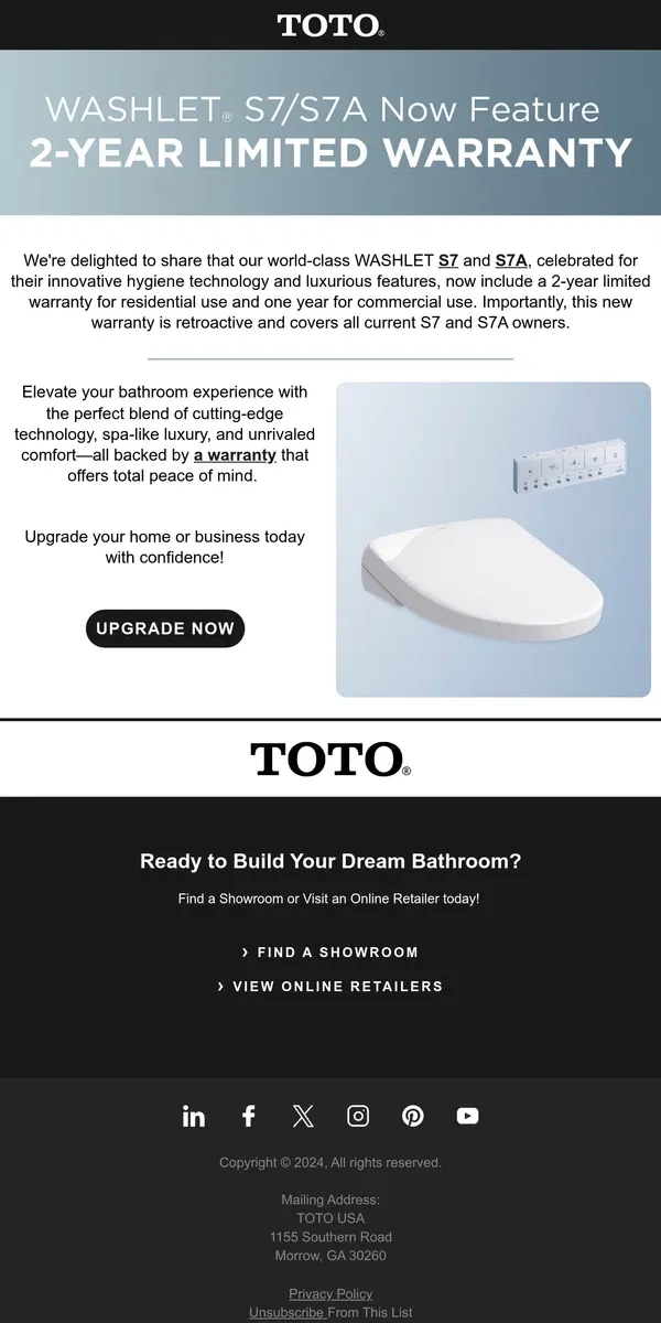 Email from TOTO Toilets. Update: TOTO Enhances WASHLET S7/S7A Warranty