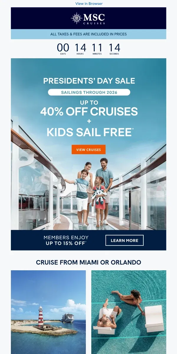 Email from MSC Cruises. [Name], Our Presidents' Day Sale Ends Today!