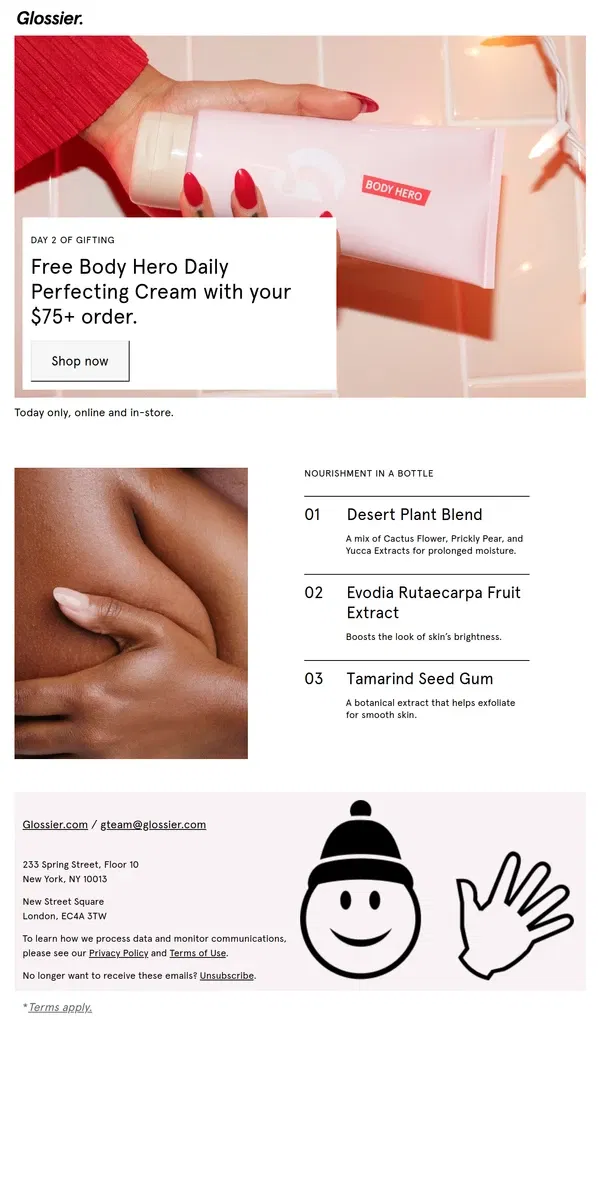 Email from Glossier. Free! Body Hero Daily Perfecting Cream