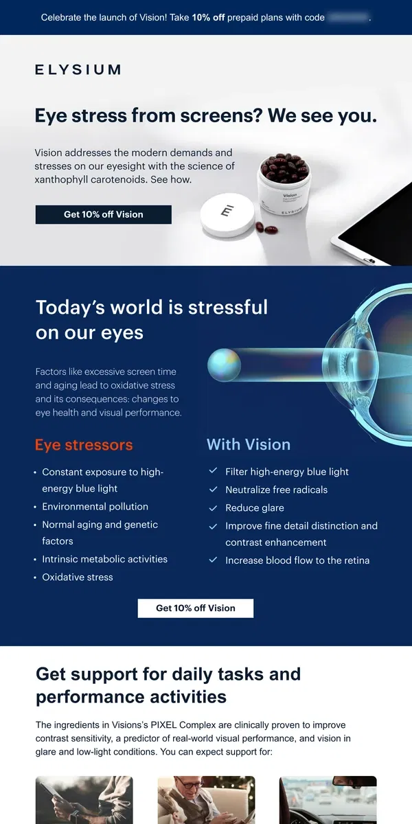 Email from Elysium Health. Filter high-energy blue light with Vision