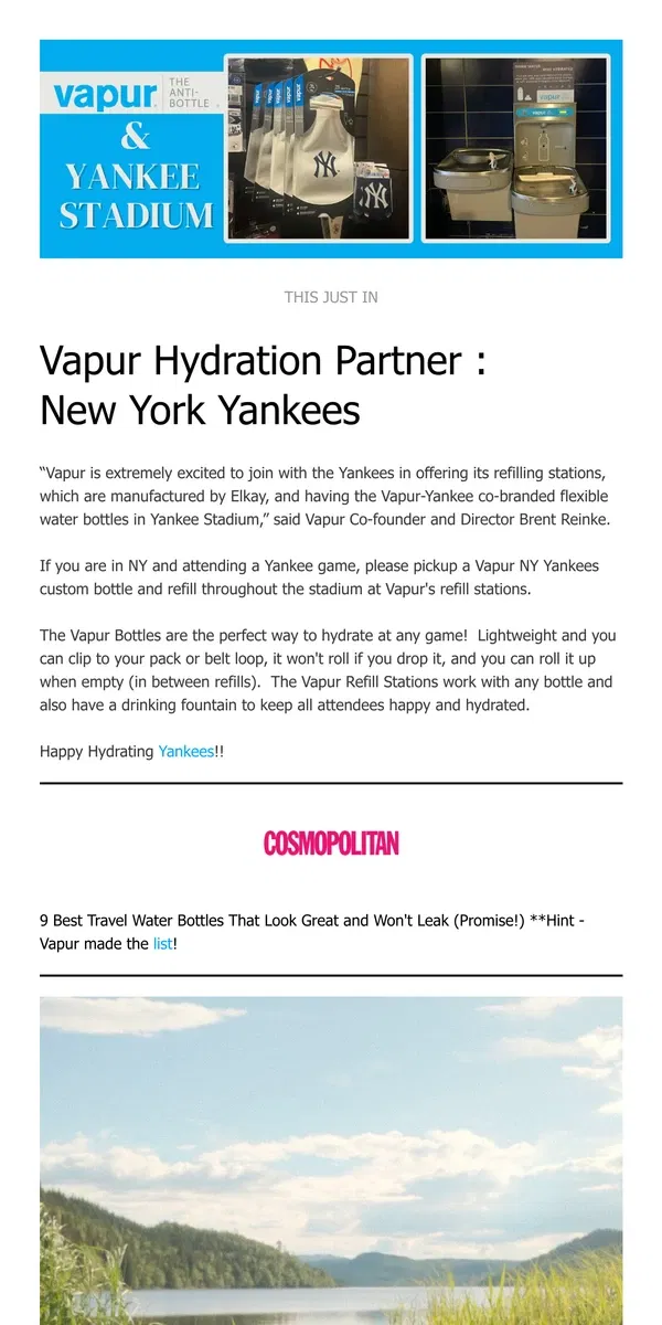 Email from Vapur. Vapur partners with the NY Yankees to promote sustainability through refill stations