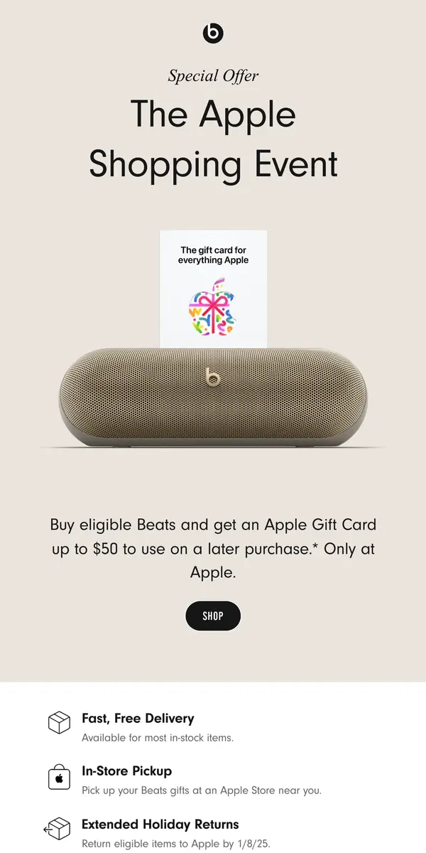 Email from Beats by Dre. The Apple Shopping Event is on.