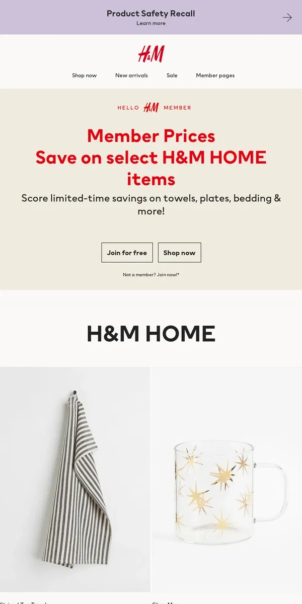 Email from H&M. Prices on H&M HOME are still low!