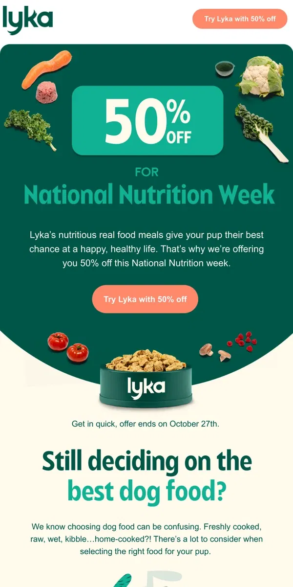 Email from Lyka. Pssst your pup 👋 here's 50% off just for you!