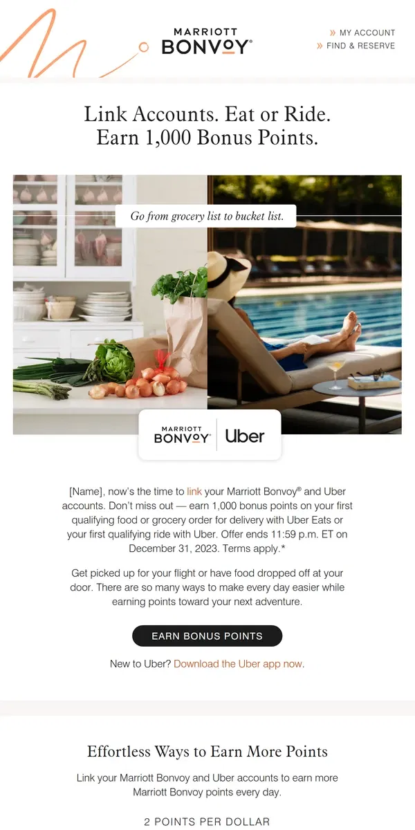 Email from Marriott Bonvoy. Eat or Ride Your Way to 1,000 Bonus Points