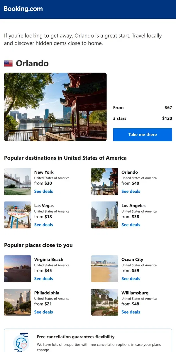 Email from Booking.com. Deals in Orlando from $67 for January