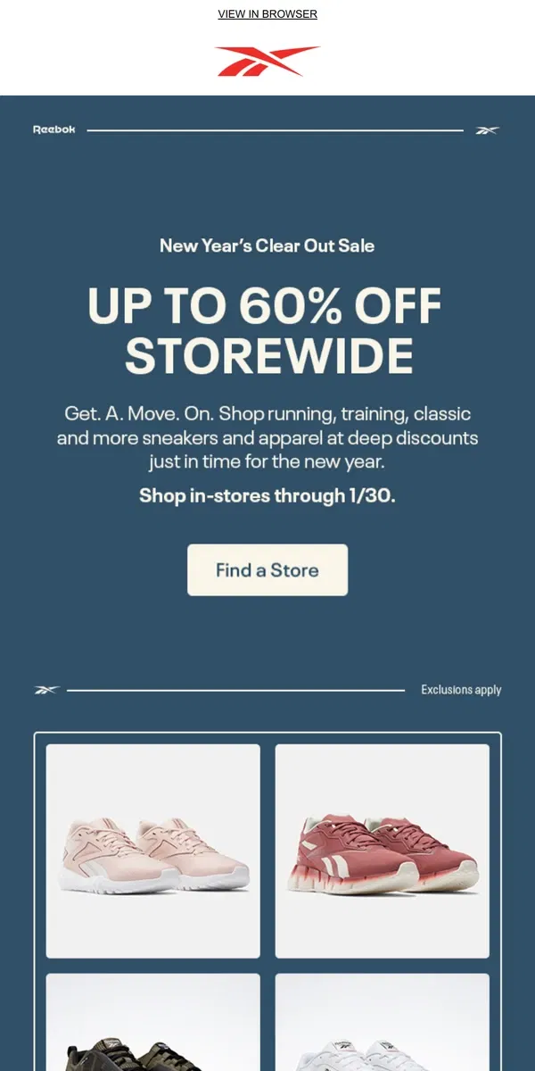 Email from Reebok. The New Year’s Clear Out Sale is here