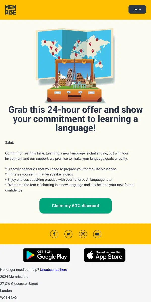 Email from Memrise. ⏰ Commit to learning a language - 60% off Memrise Lifetime (24 hours only)