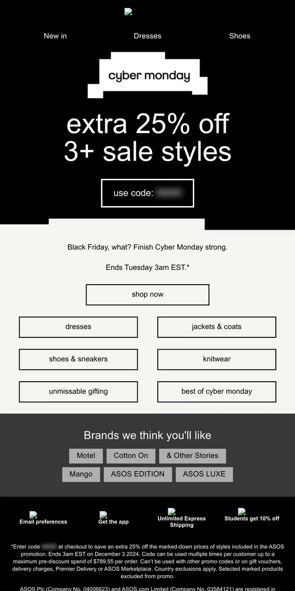 Email from ASOS. Extra 25% off 3+ Sale styles