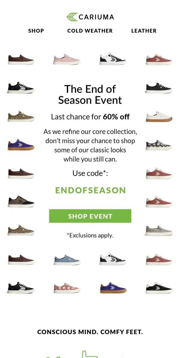 Email from Cariuma. Last Chance: Select styles 60% off